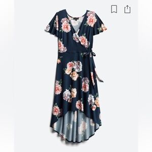 Fortune + Ivy Irene Faux Wrap Brushed Knit Hi Lo Maxi Dress, Navy/Floral, 1X
